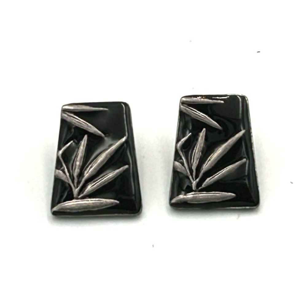 Chico's Earrings Silver Toned Black Enamel Bamboo Trapezoidal Artsy Boho Neutral